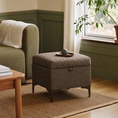 Reece Storage Ottoman in Medium Brown styled in Portland Sellwood cottage living room - Whats New Furniture