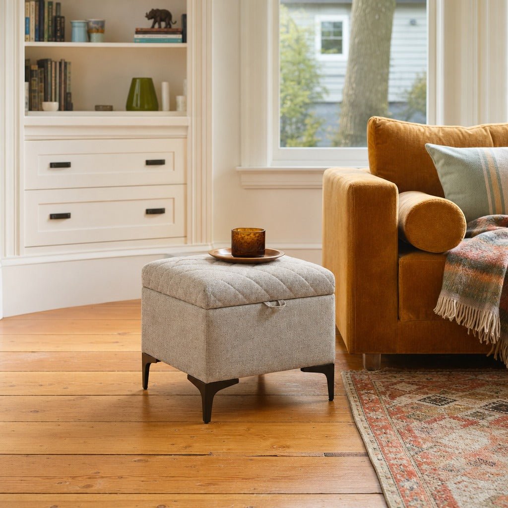 Reece Storage Ottoman in Tan styled in Portland Irvington foursquare with original built-ins living room - Whats New Furniture