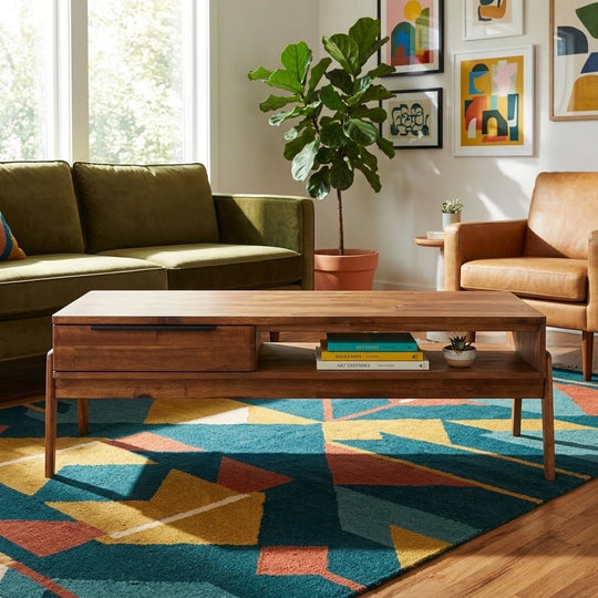 Remix Coffee Table styled in a bright Portland mid-century modern living room - Whats New Furniture