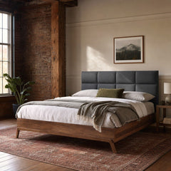 Remix King Bed in Grey styled in Portland converted warehouse flat with warm exposed brick and fir timber beams (no steel, no concrete) bedroom - Whats New Furniture