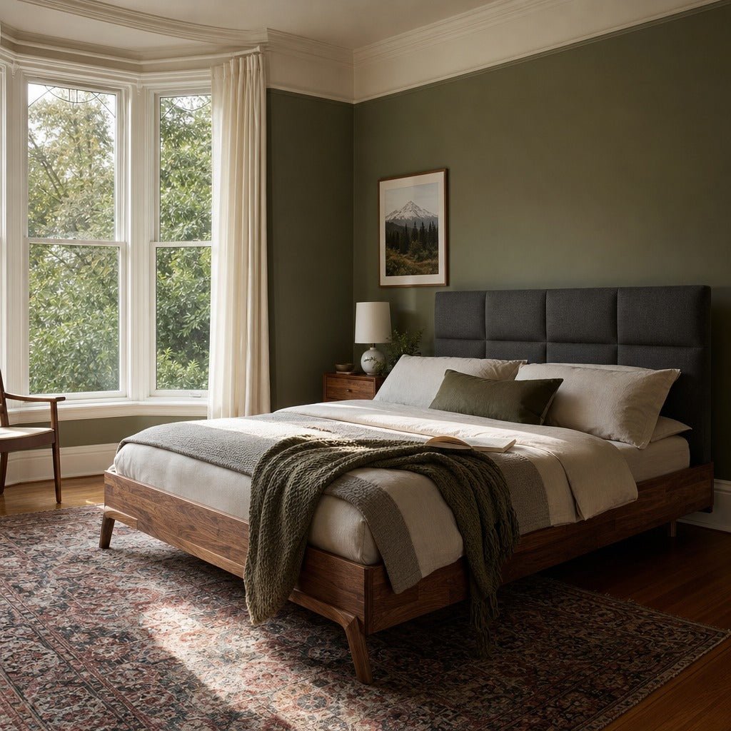 Remix Queen Bed in Grey styled in Portland NW 23rd Victoriwith bay window bedroom - Whats New Furniture