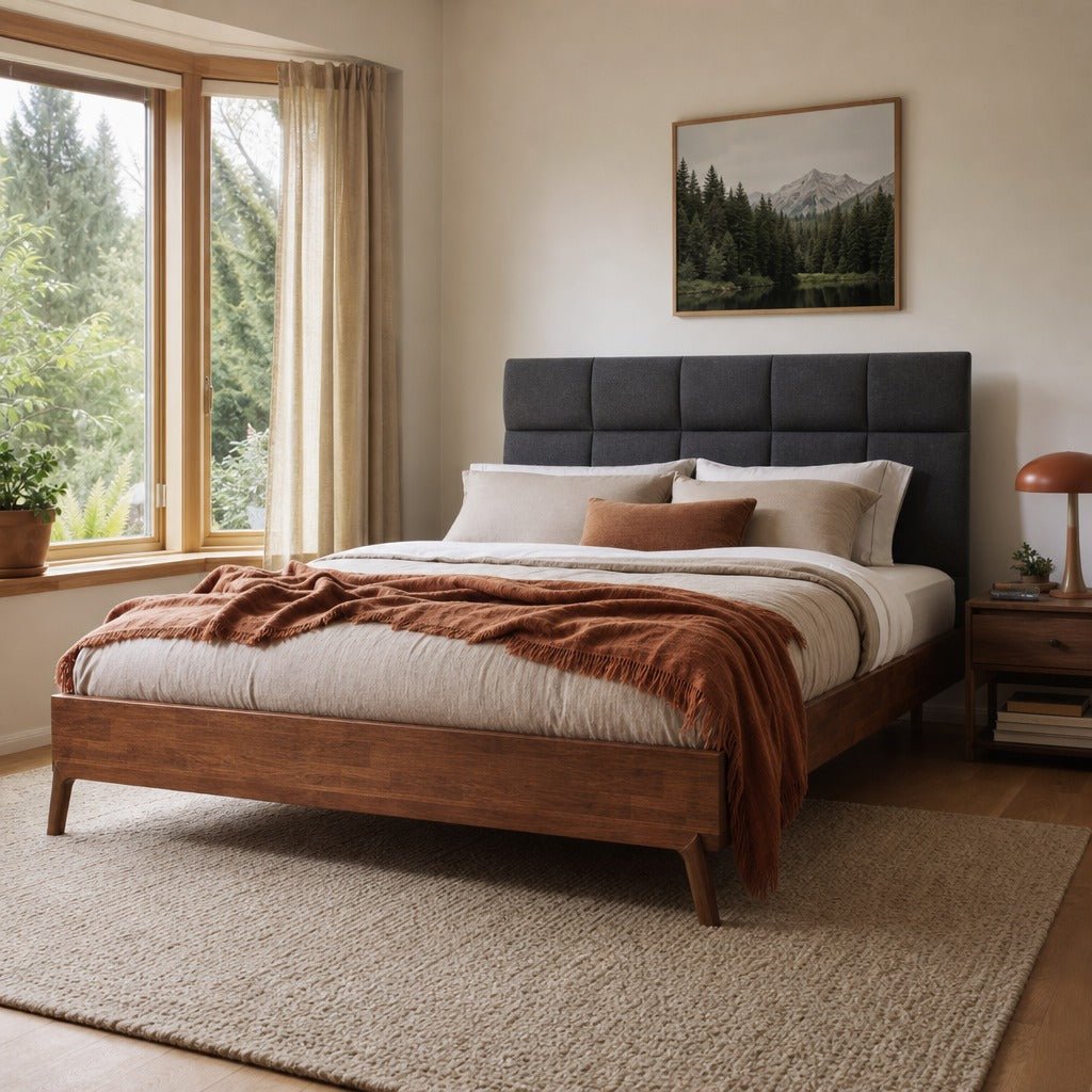 Remix Queen Bed in Grey styled in Portland 1960s Garden Home ranch bedroom - Whats New Furniture