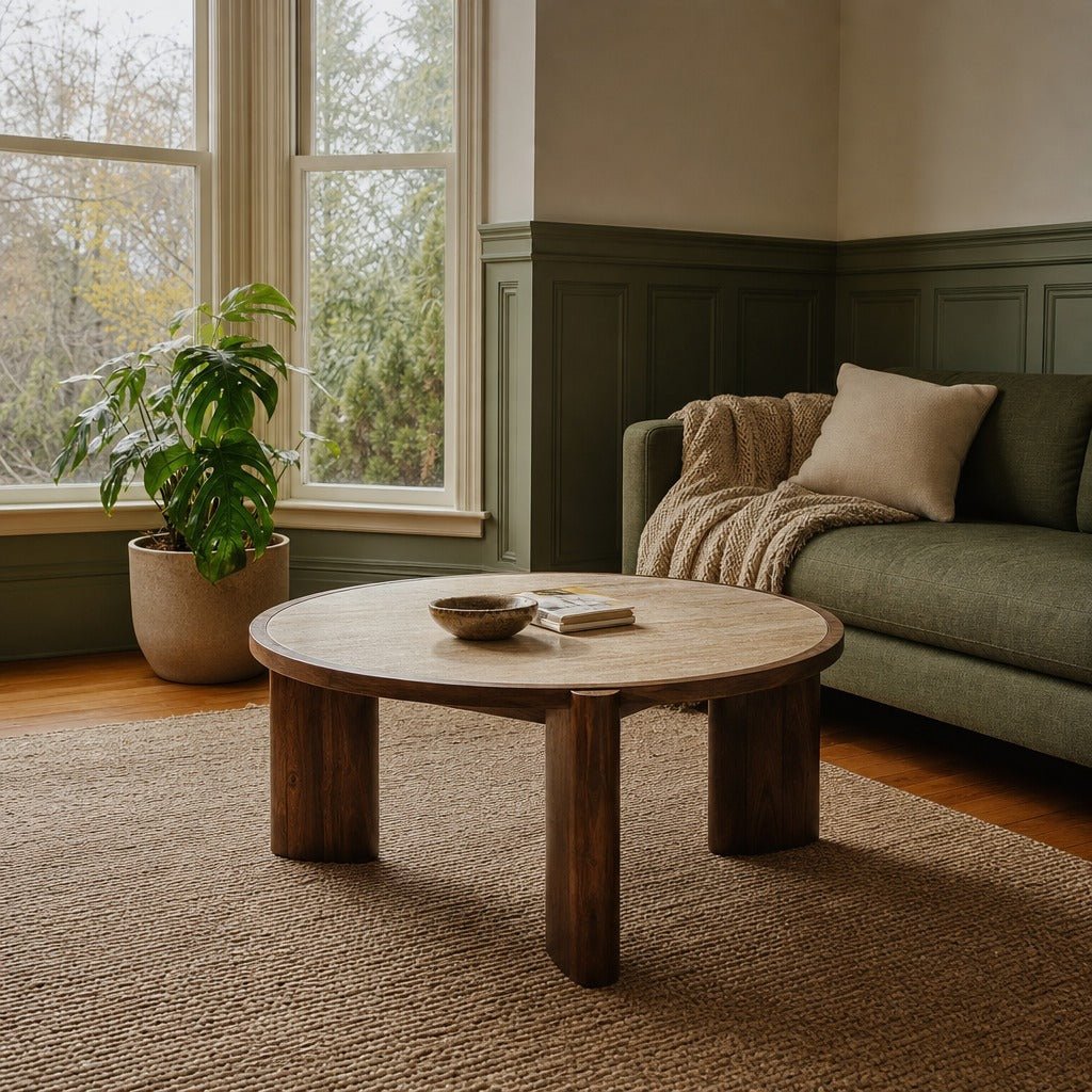 Remix Round Coffee Table in Travertine styled in Portland NW 23rd Victoriwith bay window living room - Whats New Furniture