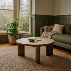 Remix Round Coffee Table in Travertine styled in Portland NW 23rd Victoriwith bay window living room - Whats New Furniture