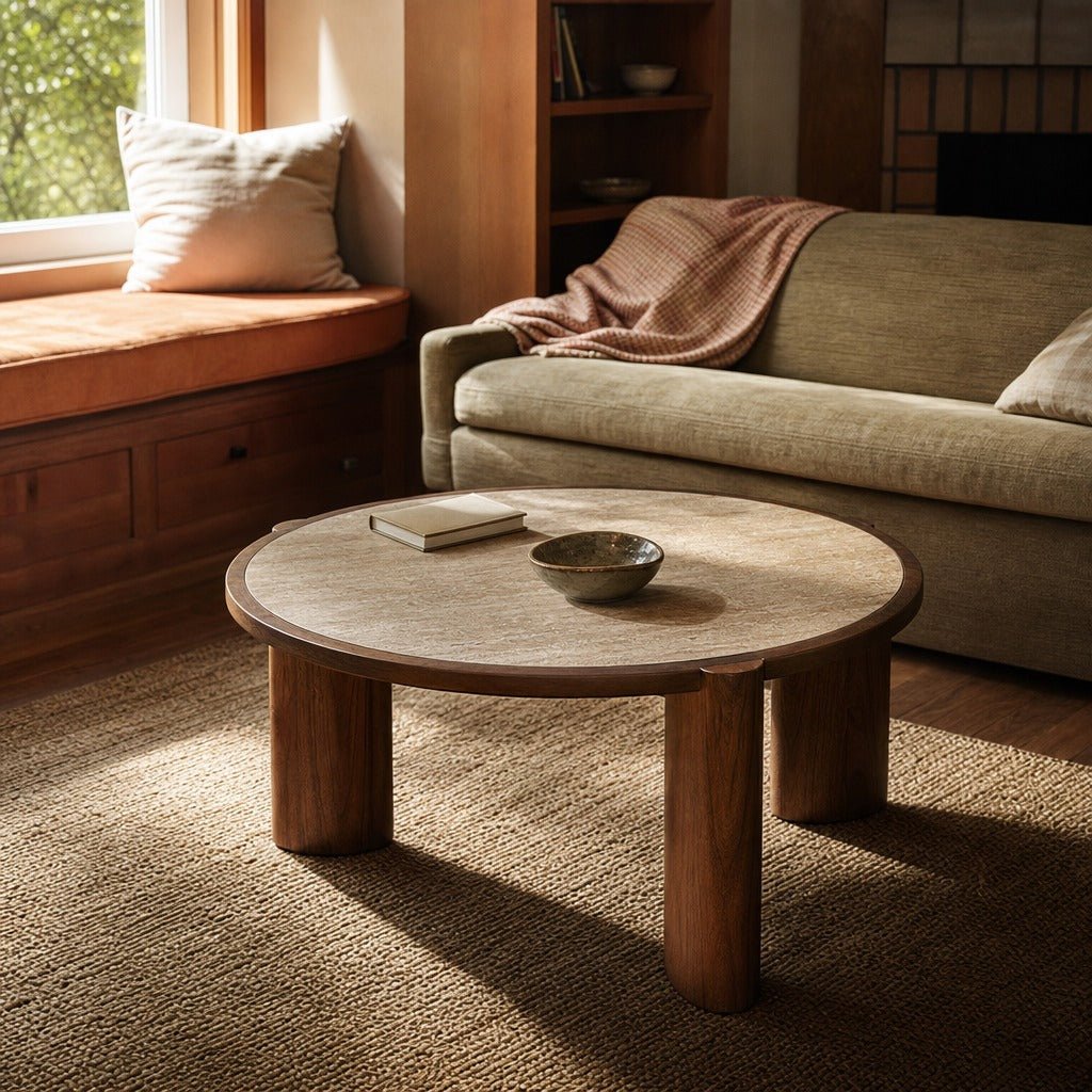 Remix Round Coffee Table in Travertine styled in Portland 1960s Garden Home ranch living room - Whats New Furniture