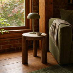Remix Round Side Table in Travertine styled in Portland converted warehouse flat with warm exposed brick and fir timber beams (no steel, no concrete) living room - Whats New Furniture