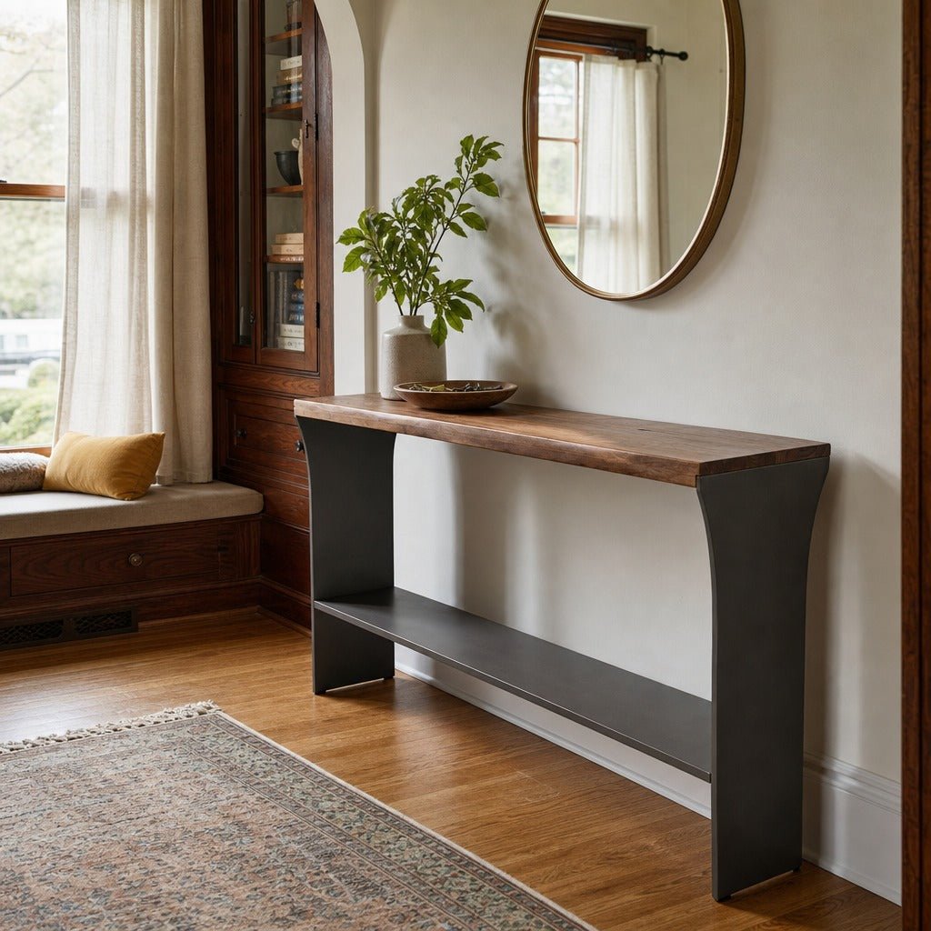 Restore Live Edge Console Table styled in Portland Irvington foursquare with original built-ins living room - Whats New Furniture