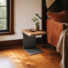Restore Live Edge Side Table styled in Portland Laurelhurst Tudor cottage living room - Whats New Furniture