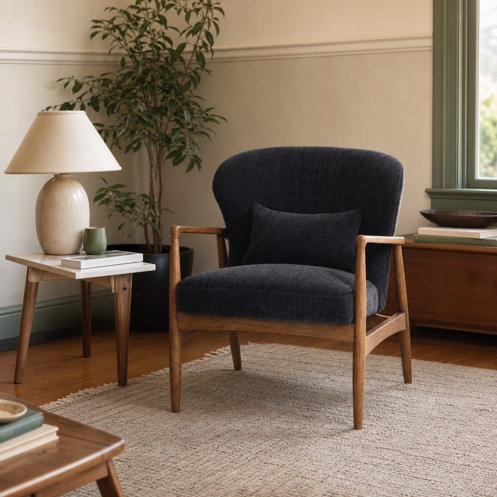 Rhodes Club Chair in Inkwell styled in Portland Sellwood cottage living room - Whats New Furniture