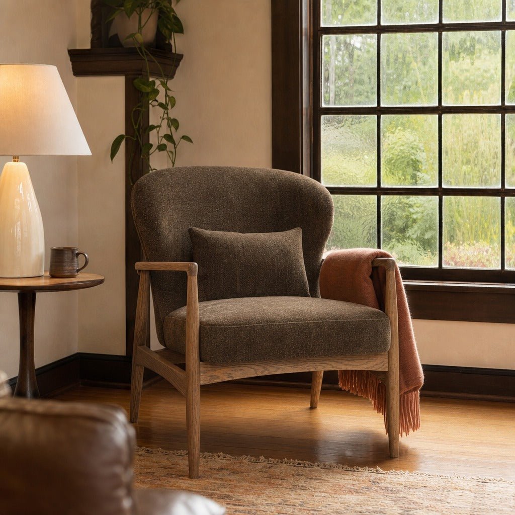 Rhodes Club Chair in Nettle styled in Portland Laurelhurst Tudor cottage living room - Whats New Furniture
