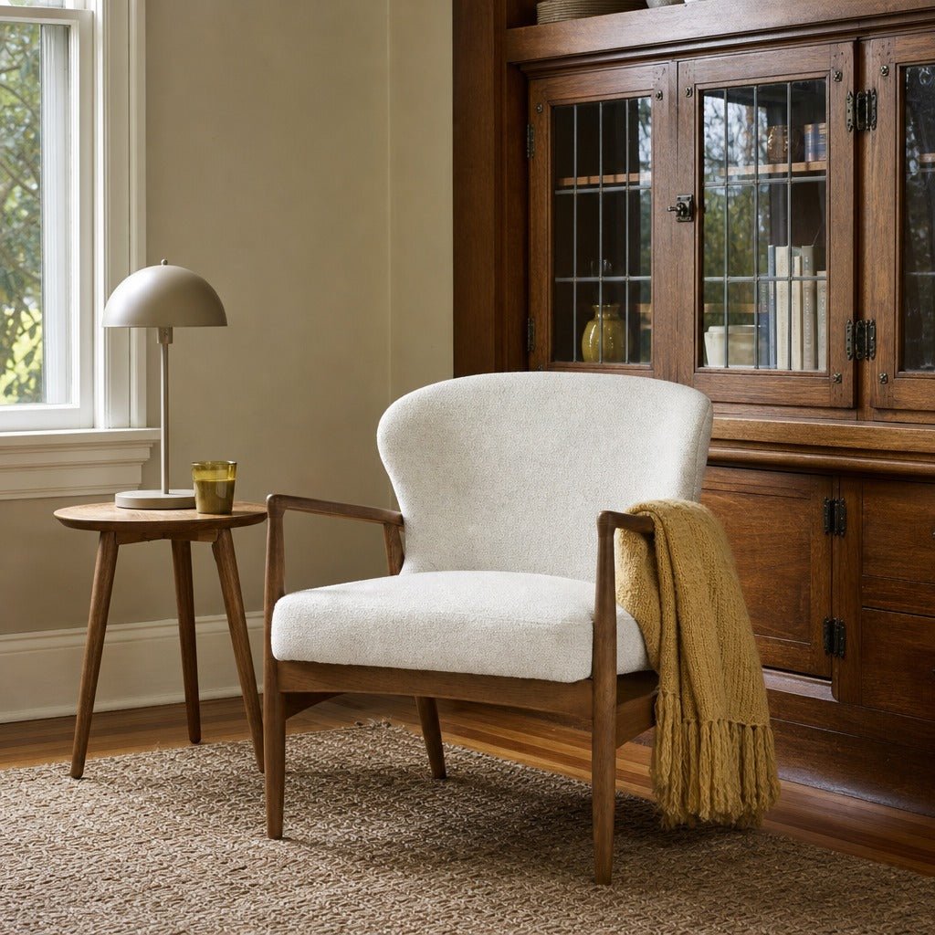 Rhodes Club Chair in Snow styled in Portland Irvington foursquare with original built-ins living room - Whats New Furniture