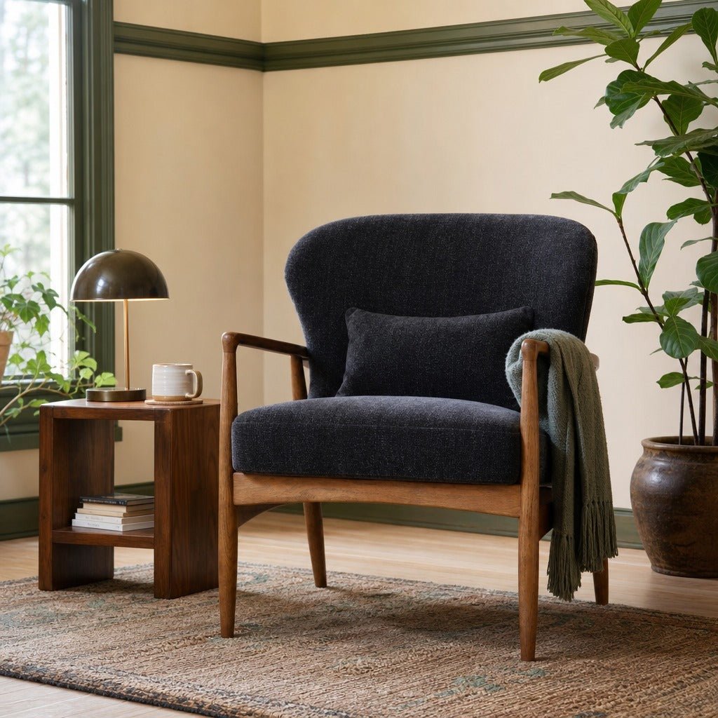 Rhodes Club Chair in Inkwell styled in Portland Sellwood cottage living room - Whats New Furniture