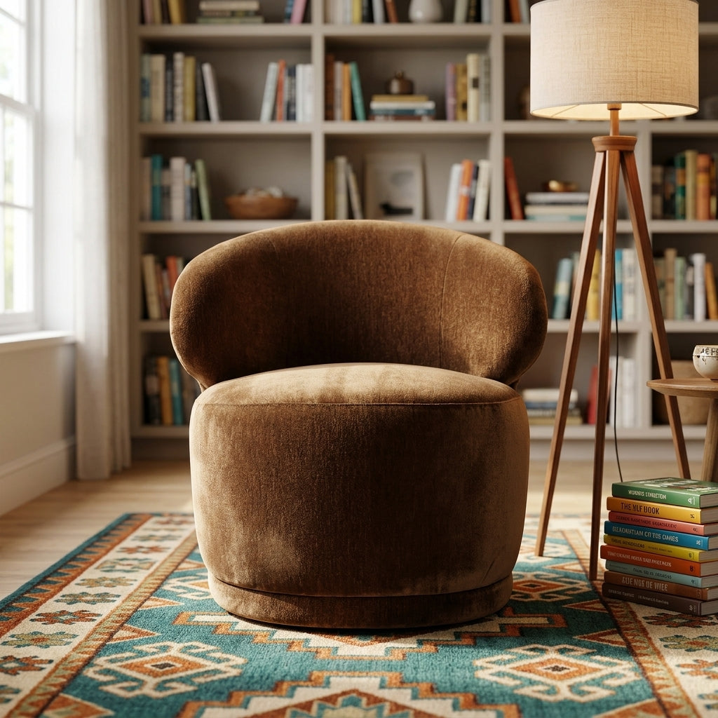 Rollo Club Chair in Distressed Velvet Bronze styled in a bright Portland room - Whats New Furniture