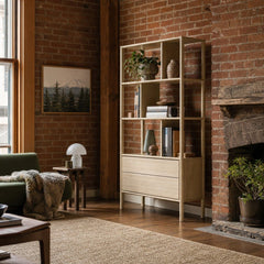 Runway Bookcase in Light Oak styled in Portland converted warehouse flat with warm exposed brick and fir timber beams (no steel, no concrete) living room - Whats New Furniture