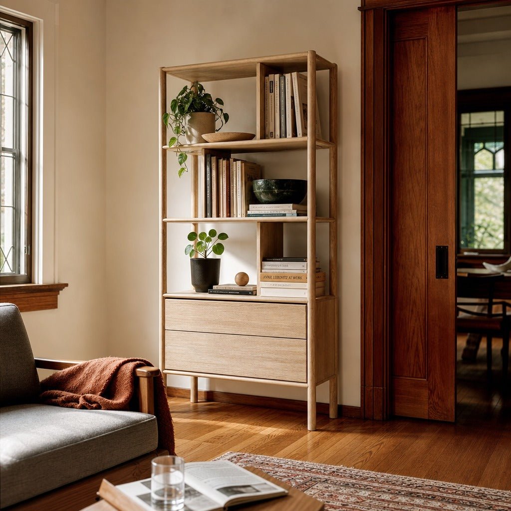 Runway Bookcase in Light Oak styled in Portland Laurelhurst Tudor cottage living room - Whats New Furniture