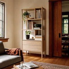 Runway Bookcase in Light Oak styled in Portland Laurelhurst Tudor cottage living room - Whats New Furniture