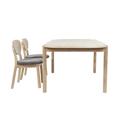 Runway Dining Table in Light Oak, side view with two dining chairs - Whats New Furniture