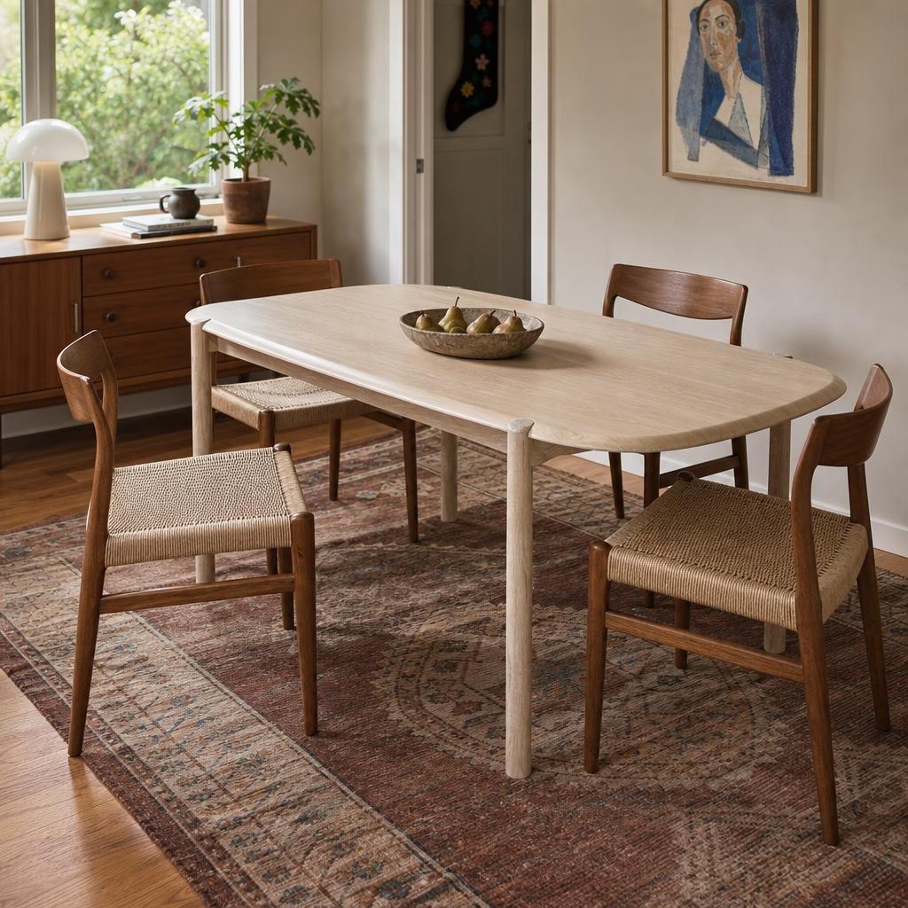 Runway Dining Table in Light Oak with dining chairs in a Portland dining room - Whats New Furniture