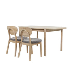 Runway Dining Table in Light Oak, studio view with two dining chairs - Whats New Furniture