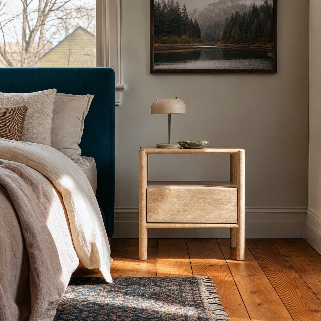 Runway Nightstand in Light Oak styled in Portland AlbertArts foursquare bedroom - Whats New Furniture