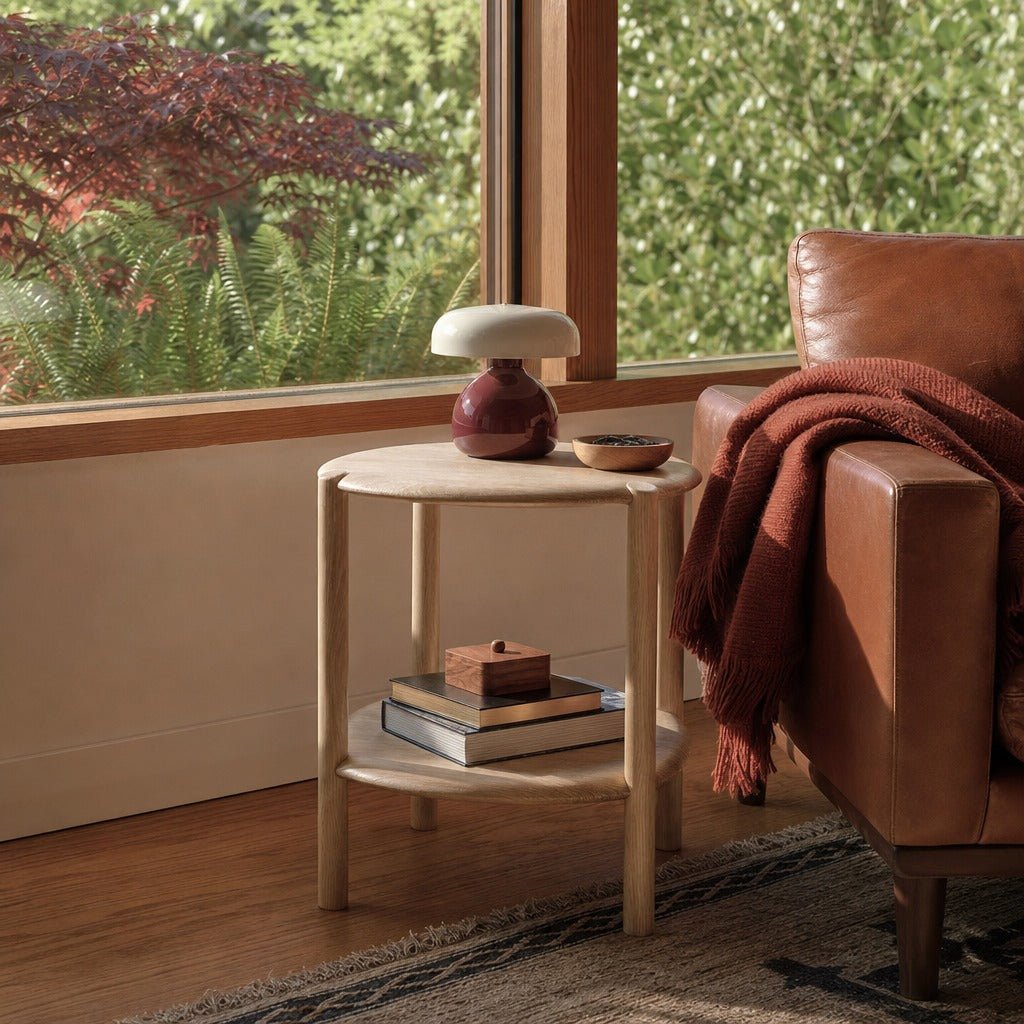 Runway Side Table in Light Oak styled in Portland Mt. Tabor mid-century daylight ranch living room - Whats New Furniture