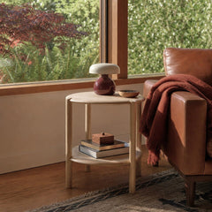 Runway Side Table in Light Oak styled in Portland Mt. Tabor mid-century daylight ranch living room - Whats New Furniture