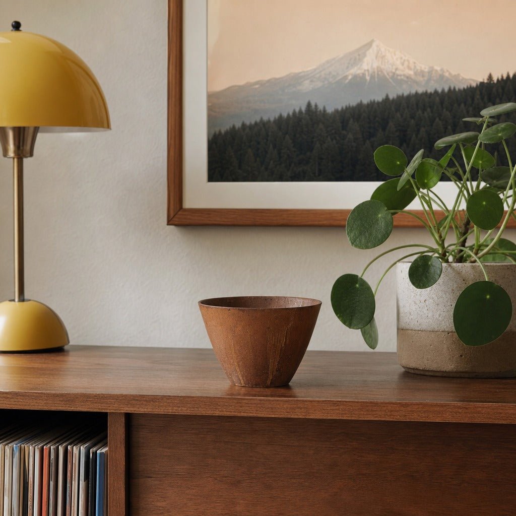 Rustic Conical Bowl in Corten styled in Portland St. Johns bungalow living room - Whats New Furniture