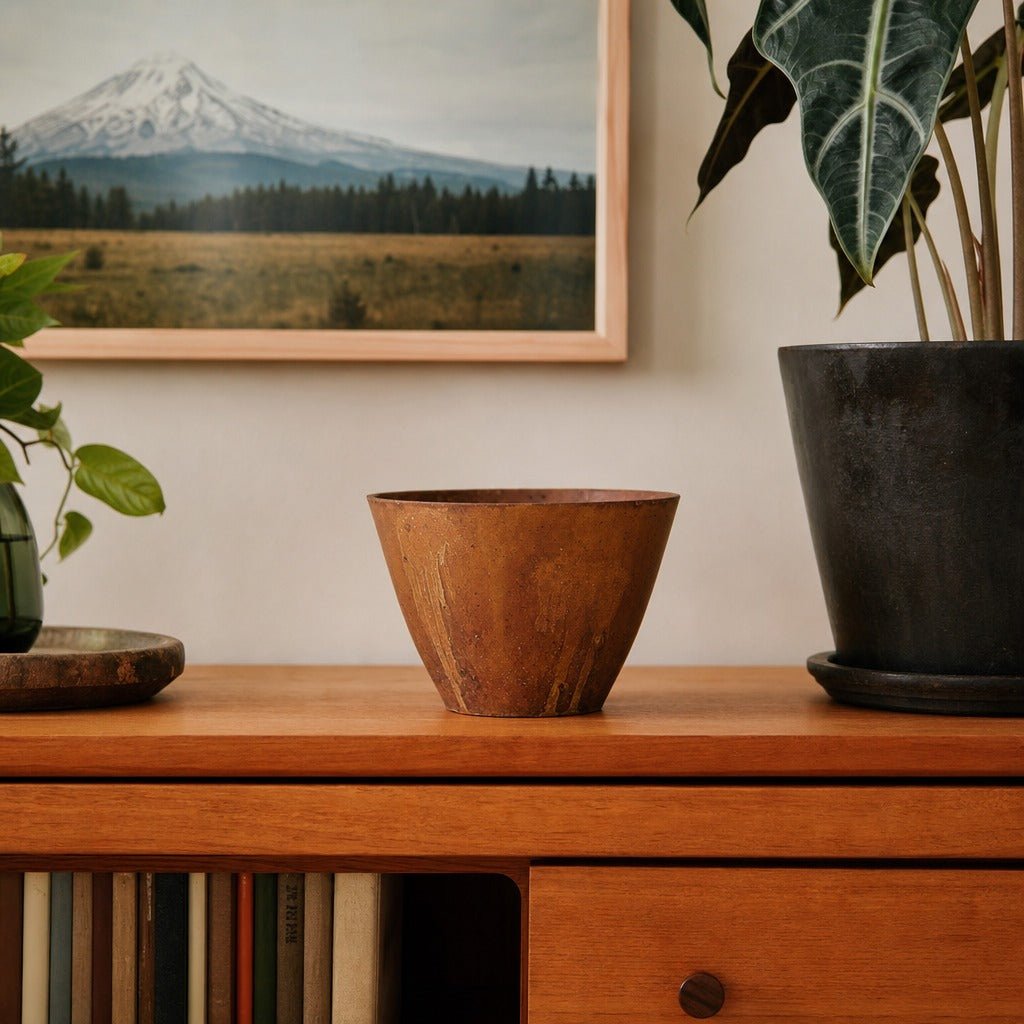 Rustic Conical Bowl in Corten styled in Portland St. Johns bungalow living room - Whats New Furniture