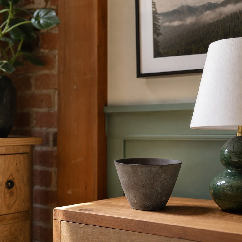 Rustic Conical Bowl in Rustic Brown styled in Portland converted warehouse flat with warm exposed brick and fir timber beams (no steel, no concrete) living room - Whats New Furniture
