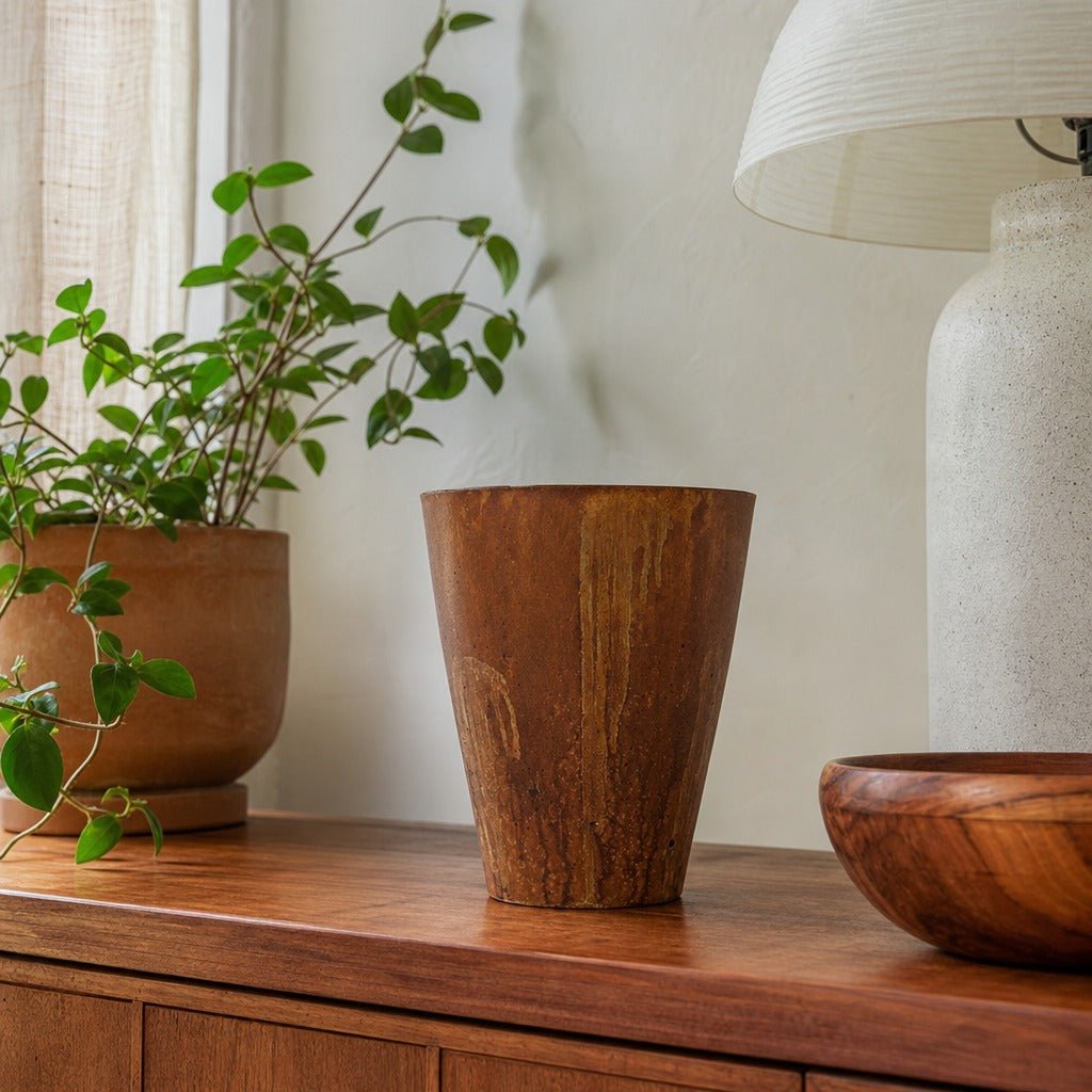 Rustic Medium Vase in Corten styled in Portland Montavillcottage living room - Whats New Furniture