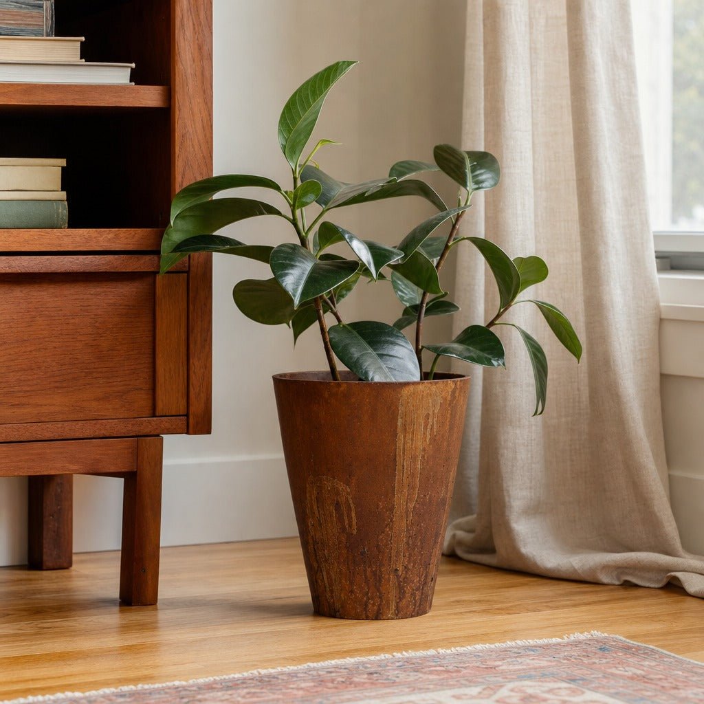 Rustic Medium Vase in Corten styled in Portland Montavillcottage living room - Whats New Furniture
