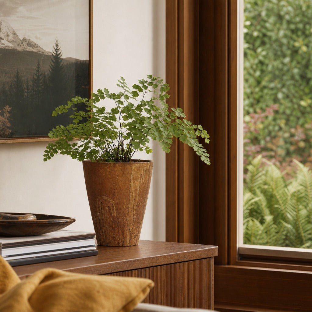 Rustic Small Vase in Corten styled in Portland Hawthorne Craftsmbungalow living room - Whats New Furniture