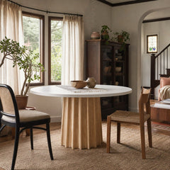 Sculpture Dining Table in White Concrete Wash styled in Portland Laurelhurst Tudor cottage dining room - Whats New Furniture
