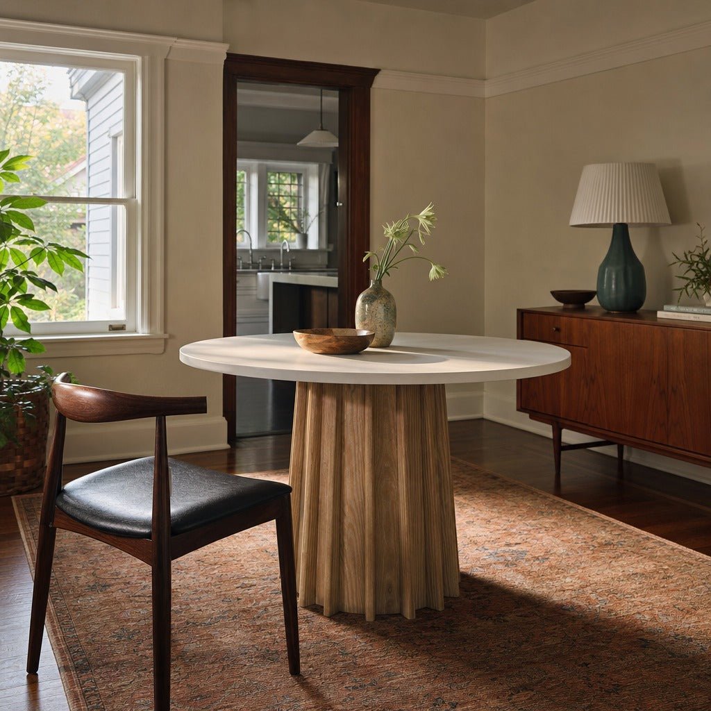 Sculpture Dining Table in White Concrete Wash styled in Portland Ladd&