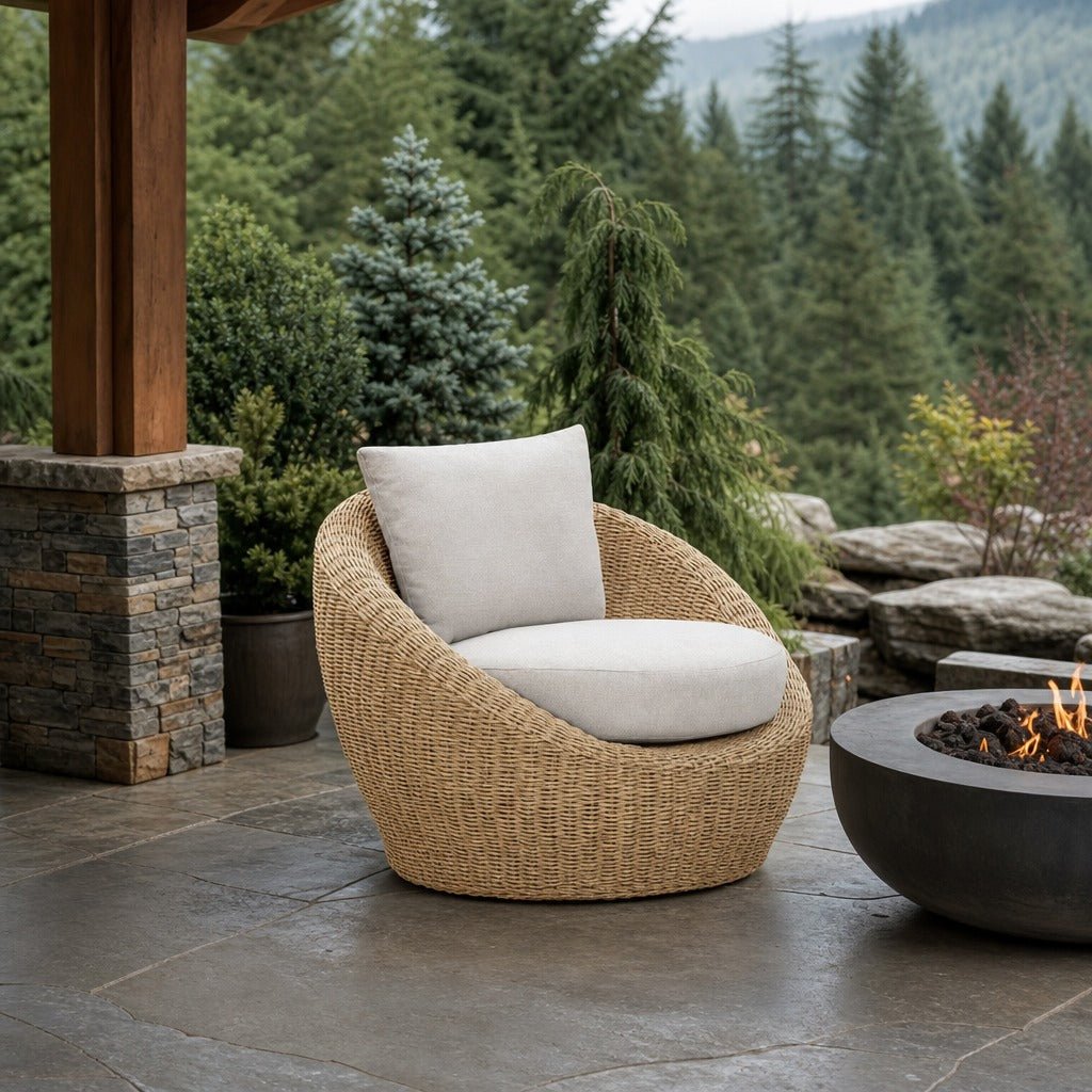 Siesta Outdoor Round Club Chair on a covered outdoor veranda with a low fire table nearby - What&