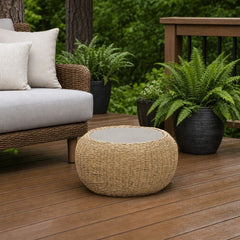 Siesta Outdoor Side Table on a cedar deck beside an outdoor lounge setting - What&
