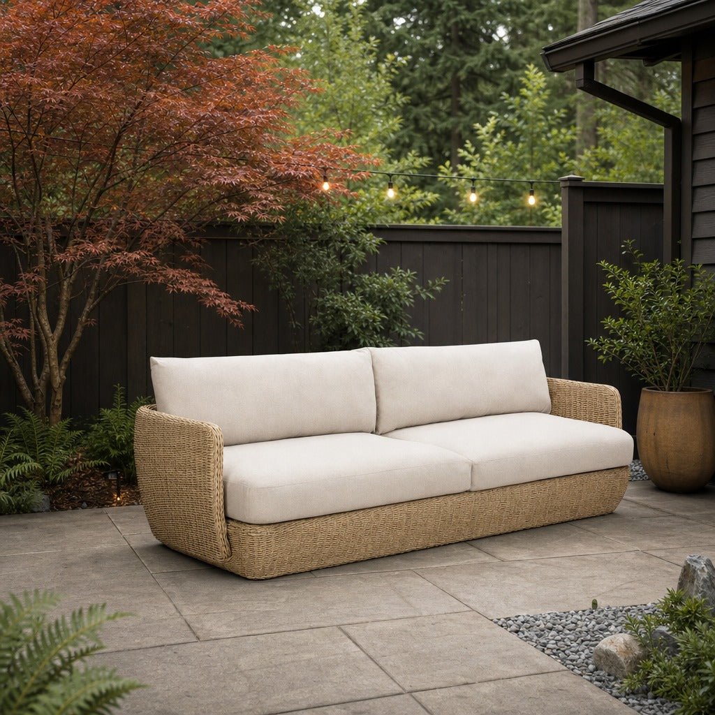 Siesta Outdoor Sofa on a backyard patio conversation corner with a gravel border - What&