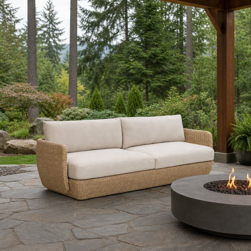 Siesta Outdoor Sofa on a covered outdoor veranda with a low fire table nearby - What&