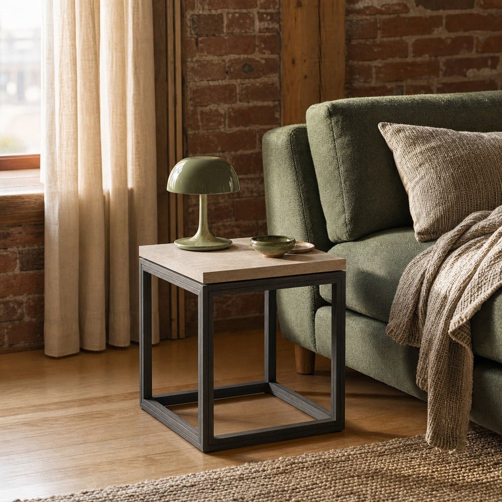Starlight Side Table styled in Portland converted warehouse flat with warm exposed brick and fir timber beams (no steel, no concrete) living room - Whats New Furniture