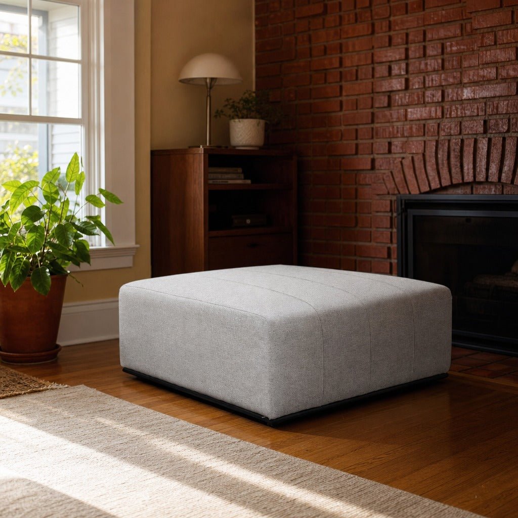 Sullivan Ottoman in Alba Stone styled in Portland AlbertArts foursquare living room - Whats New Furniture