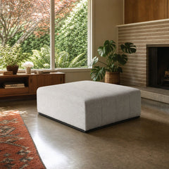 Sullivan Ottoman in Alba Stone styled in Portland 1960s Garden Home ranch living room - Whats New Furniture