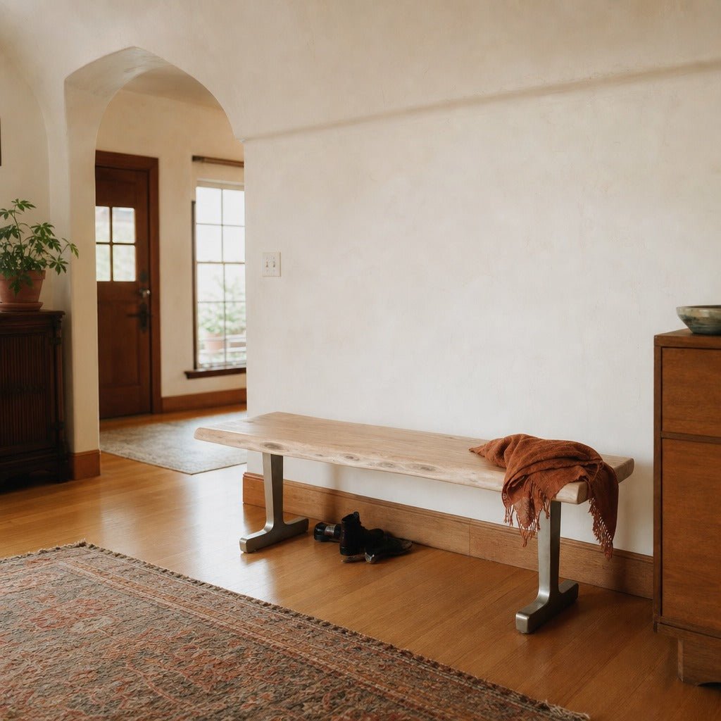 TAJ Pedestal Dining Bench Base styled in Portland Laurelhurst Tudor cottage living room - Whats New Furniture