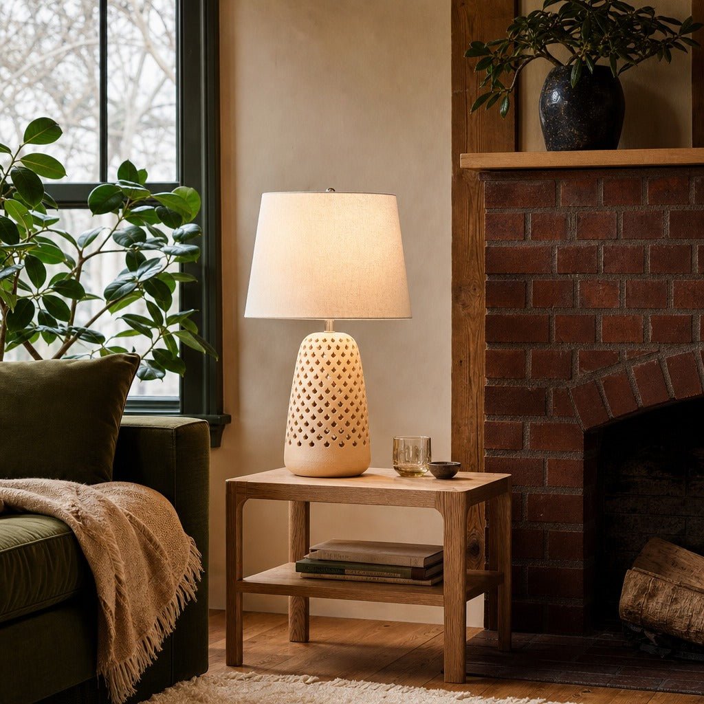 Taverna Table Lamp styled in Portland converted warehouse flat with warm exposed brick and fir timber beams (no steel, no concrete) living room - Whats New Furniture