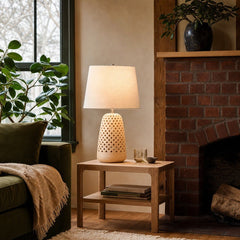 Taverna Table Lamp styled in Portland converted warehouse flat with warm exposed brick and fir timber beams (no steel, no concrete) living room - Whats New Furniture