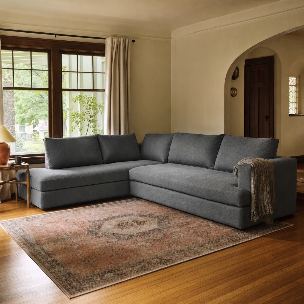 Taylor Left Sectional in Asphalt Grey styled in Portland Laurelhurst Tudor cottage living room - Whats New Furniture