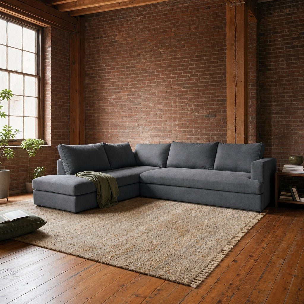 Taylor Left Sectional in Asphalt Grey styled in Portland converted warehouse flat with warm exposed brick and fir timber beams (no steel, no concrete) living room - Whats New Furniture