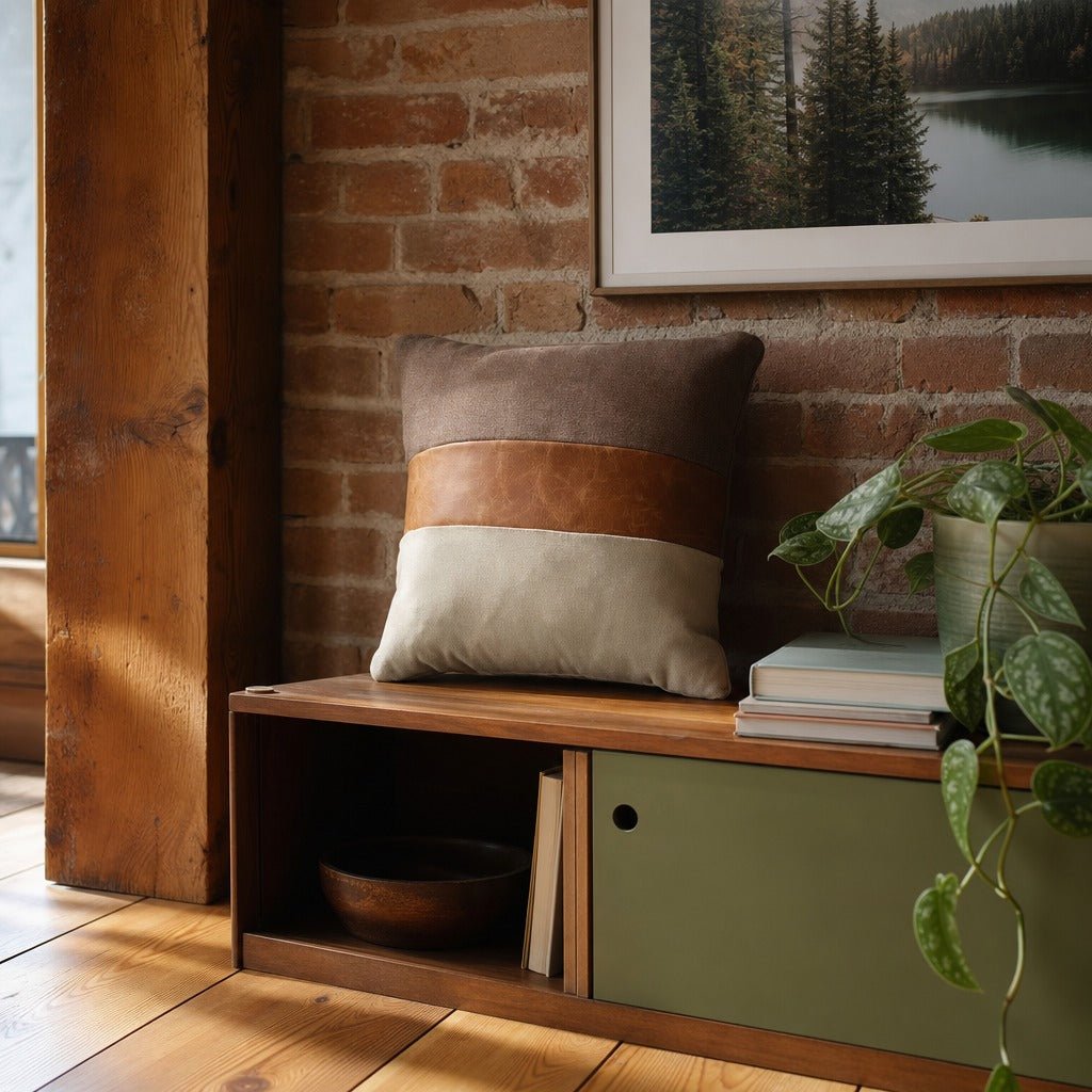 Three Tone Decorative Pillow styled in Portland converted warehouse flat with warm exposed brick and fir timber beams (no steel, no concrete) living room - Whats New Furniture