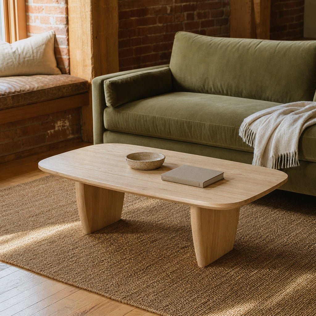 Tonic Coffee Table in Biscotti Oak styled in Portland converted warehouse flat with warm exposed brick and fir timber beams (no steel, no concrete) living room - Whats New Furniture