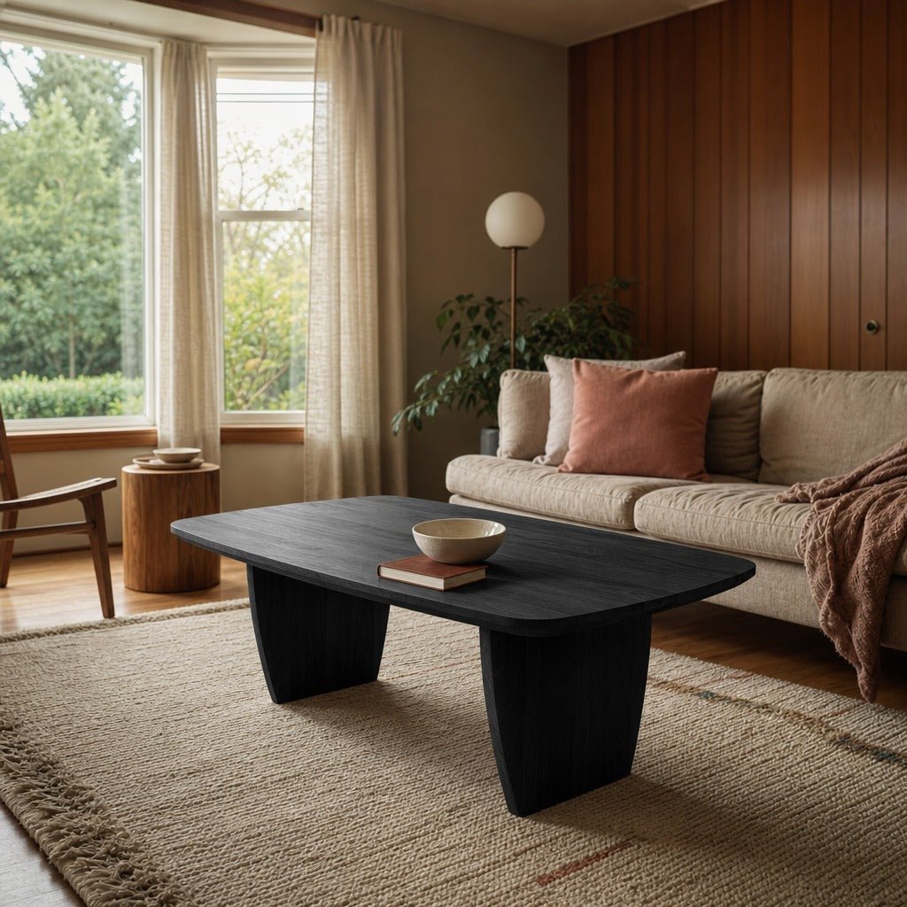 Tonic Coffee Table in Black Oak styled in Portland 1960s Garden Home ranch living room - Whats New Furniture