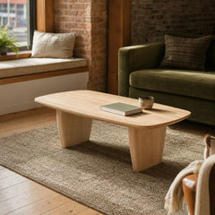 Tonic Coffee Table in Biscotti Oak styled in Portland converted warehouse flat with warm exposed brick and fir timber beams (no steel, no concrete) living room - Whats New Furniture